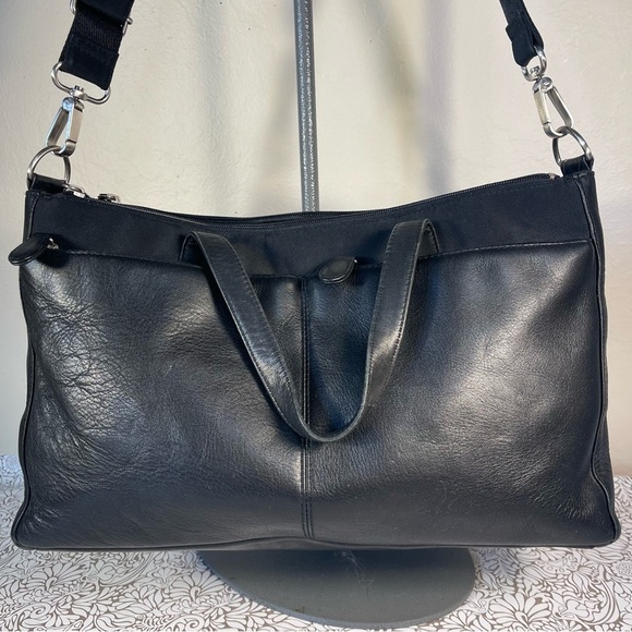 HOBO Black Leather/Nylon Messenger Bag, Adjustable Strap - Picture 2 of 16